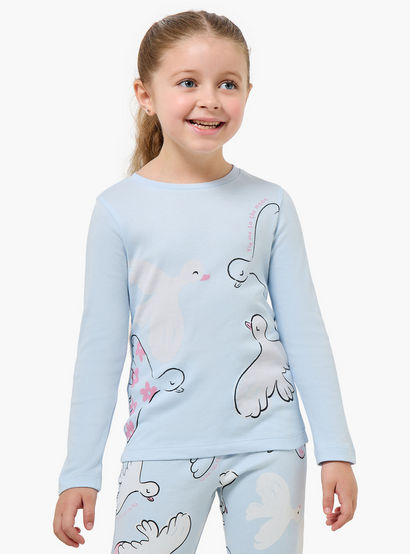 Juniors Cotton Crew Neck Long Sleeves Pyjama Set with Bird Print-girls-clothing-nightwear-image-2