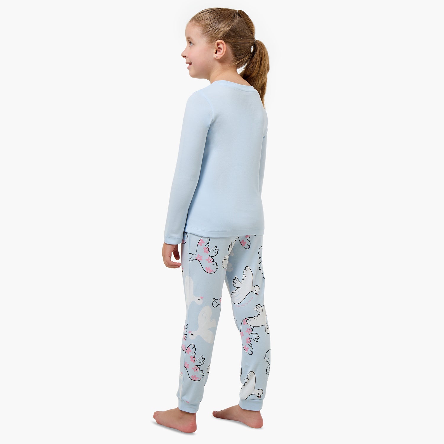 Juniors Cotton Crew Neck Long Sleeves Pyjama Set with Bird Print