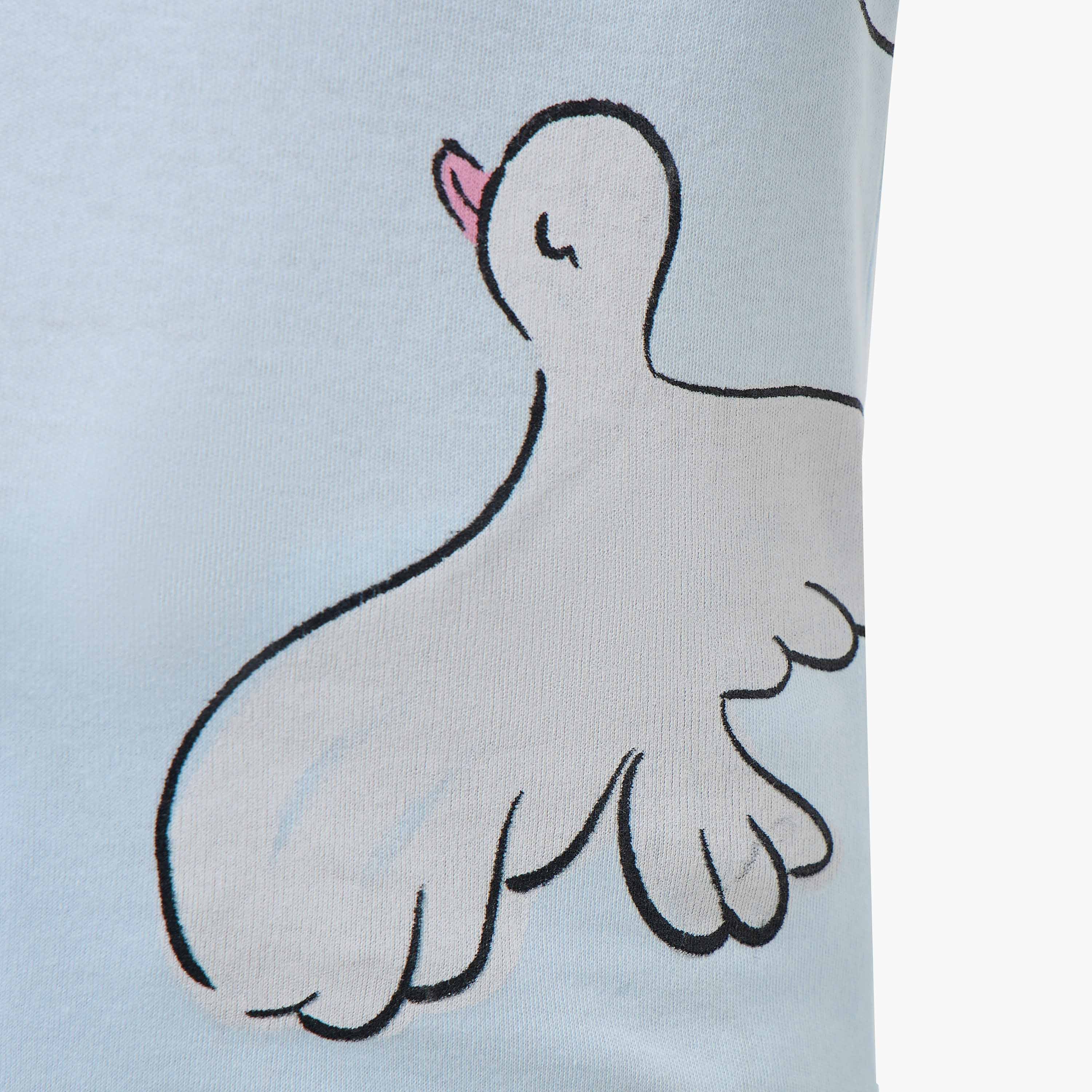 Juniors Cotton Crew Neck Long Sleeves Pyjama Set with Bird Print