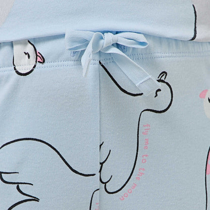 Juniors Cotton Crew Neck Long Sleeves Pyjama Set with Bird Print