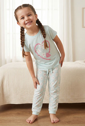 Juniors Cotton Crew Neck Short Sleeves Pyjama Set with Floral Print