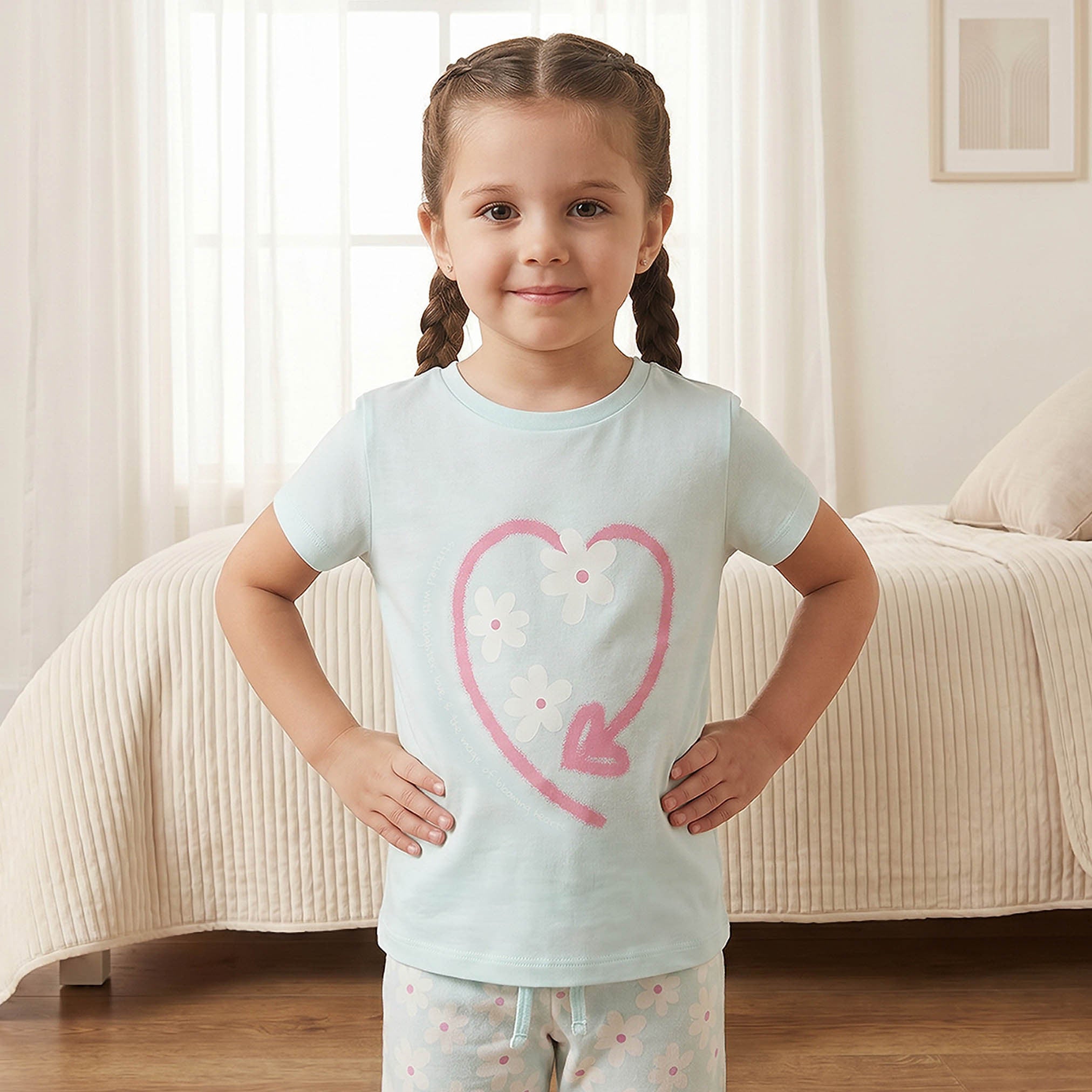 Juniors Cotton Crew Neck Short Sleeves Pyjama Set with Floral Print