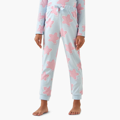 Juniors Cotton Crew Neck Long Sleeves Pyjama Set with Star Print