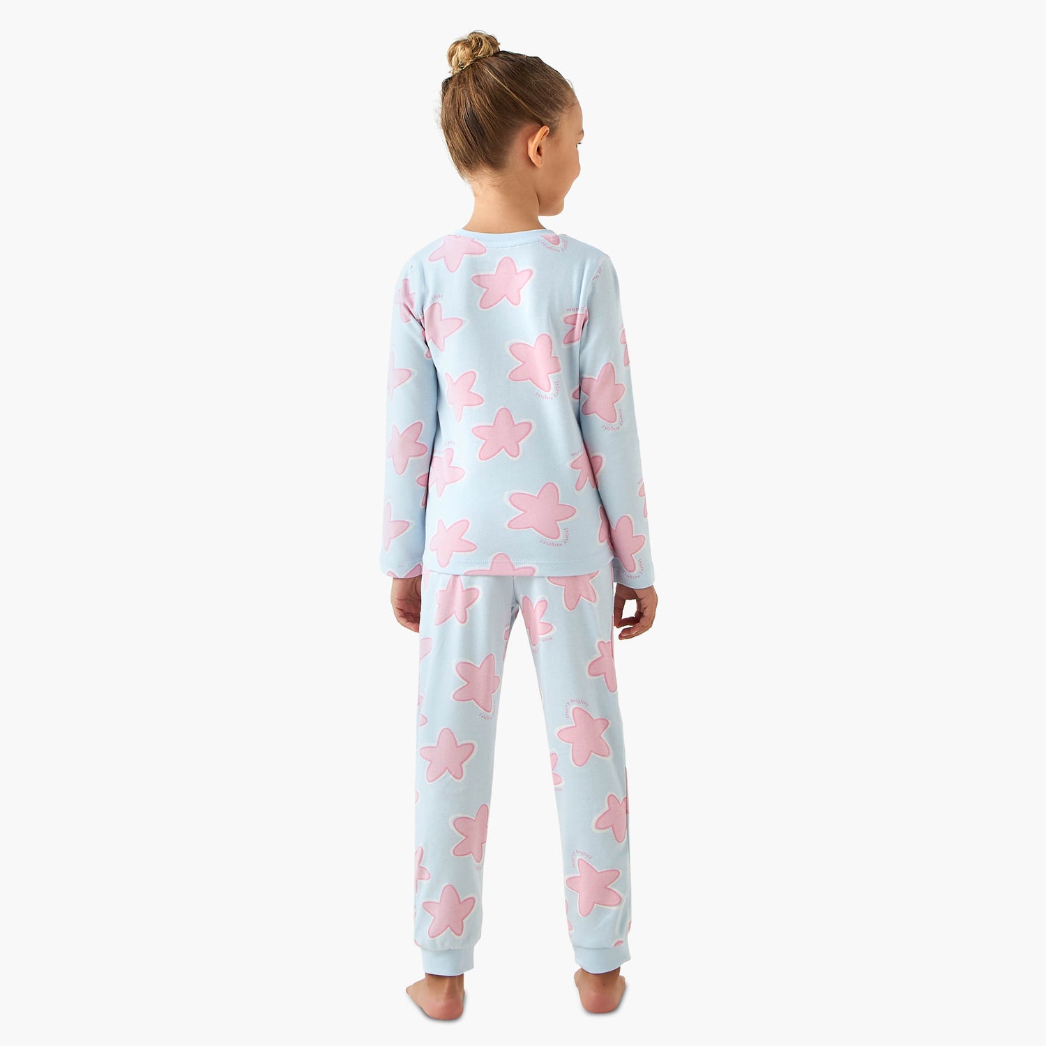 Juniors Cotton Crew Neck Long Sleeves Pyjama Set with Star Print