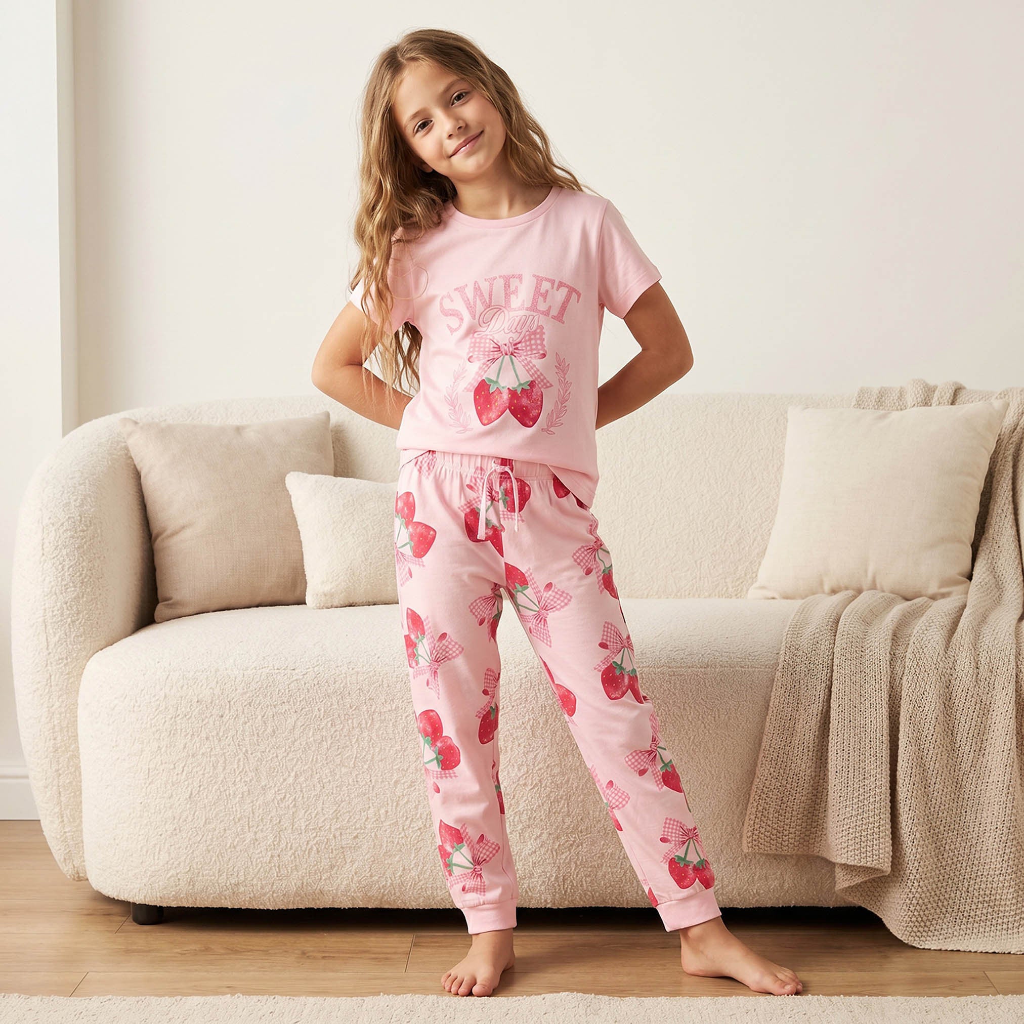 Juniors Cotton Crew Neck Short Sleeves Pyjama Set with Strawberry Print