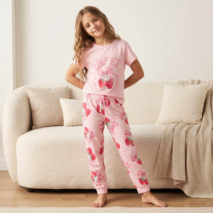 Juniors Cotton Crew Neck Short Sleeves Pyjama Set with Strawberry Print