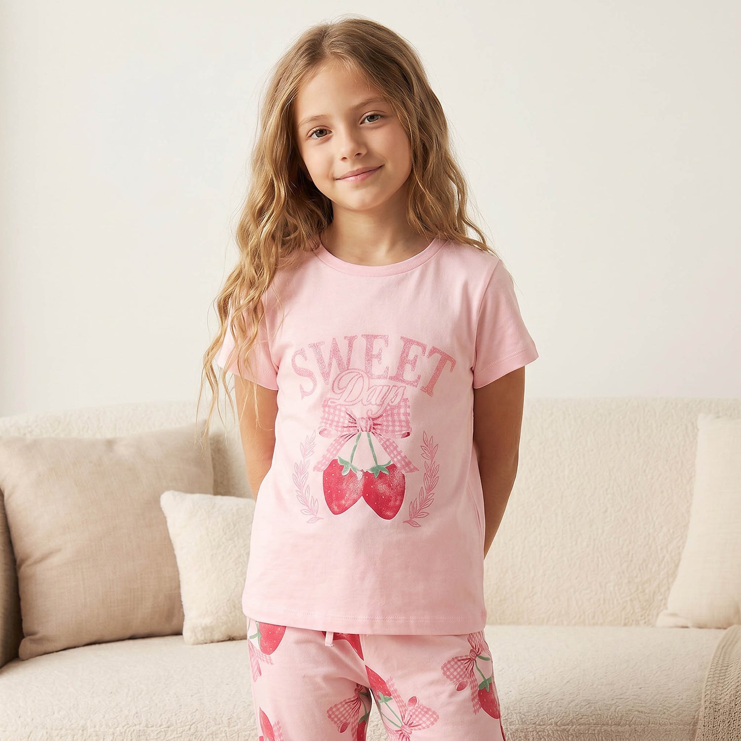 Juniors Cotton Crew Neck Short Sleeves Pyjama Set with Strawberry Print