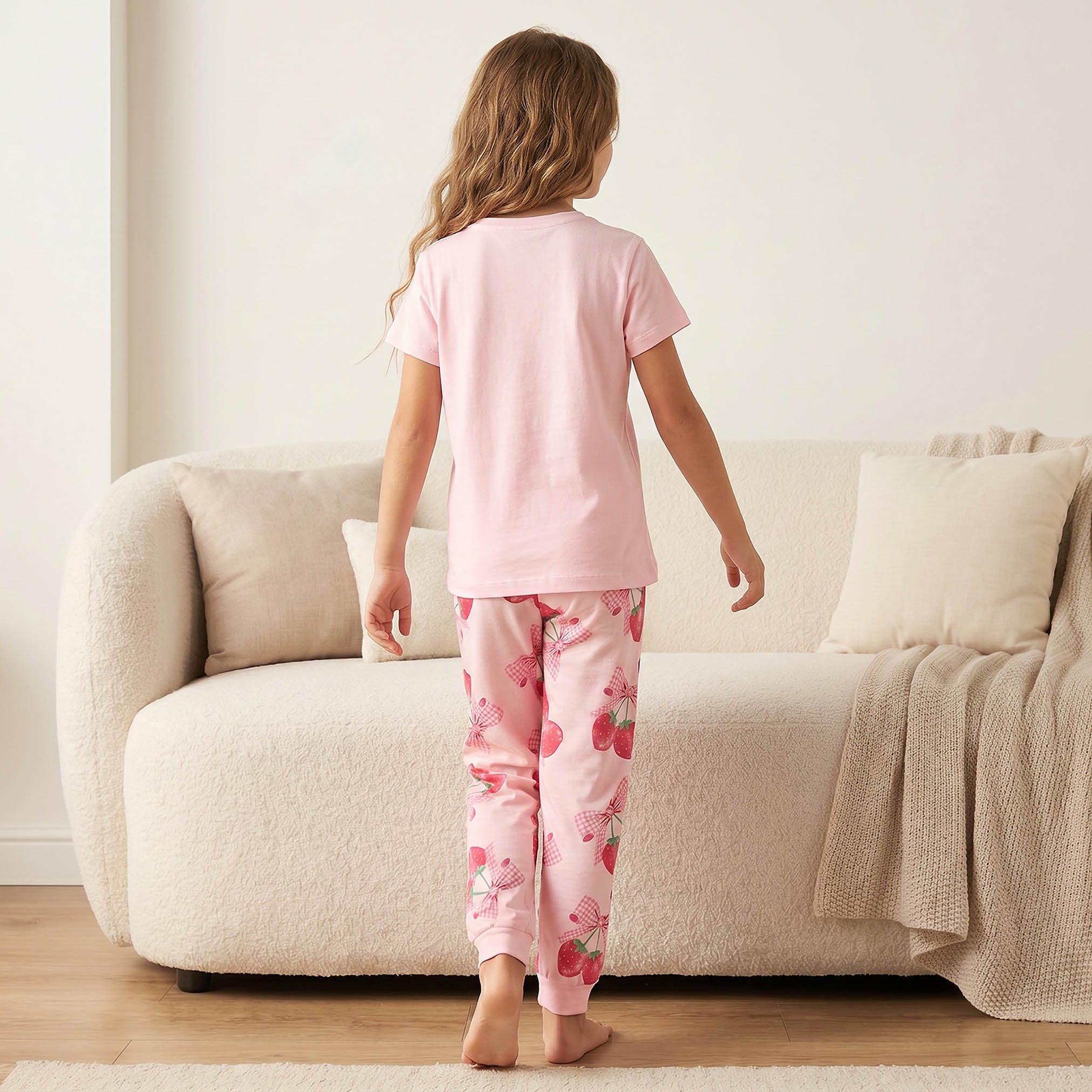Juniors Cotton Crew Neck Short Sleeves Pyjama Set with Strawberry Print