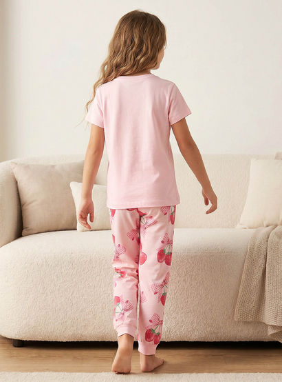Juniors Cotton Crew Neck Short Sleeves Pyjama Set with Strawberry Print-girls-clothing-nightwear-image-3