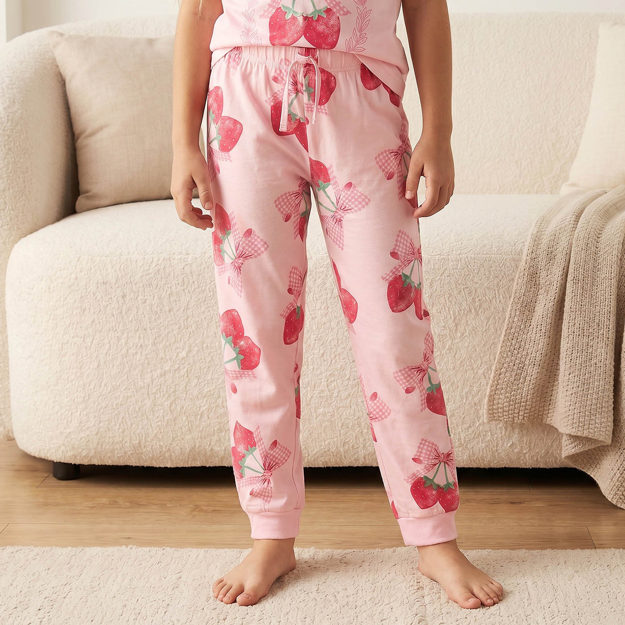 Juniors Cotton Crew Neck Short Sleeves Pyjama Set with Strawberry Print