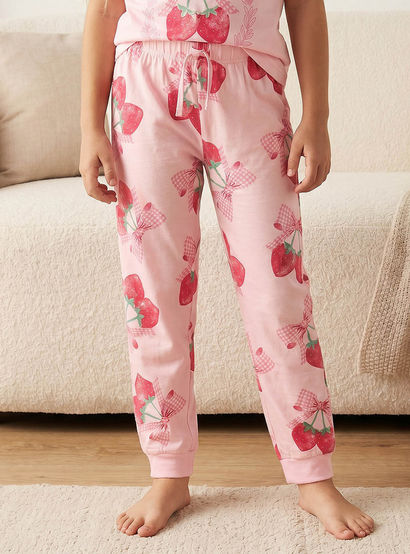 Juniors Cotton Crew Neck Short Sleeves Pyjama Set with Strawberry Print-girls-clothing-nightwear-image-4
