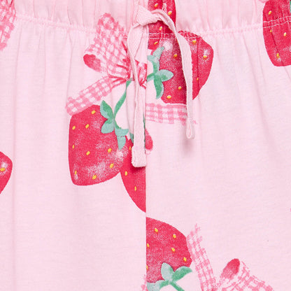 Juniors Cotton Crew Neck Short Sleeves Pyjama Set with Strawberry Print