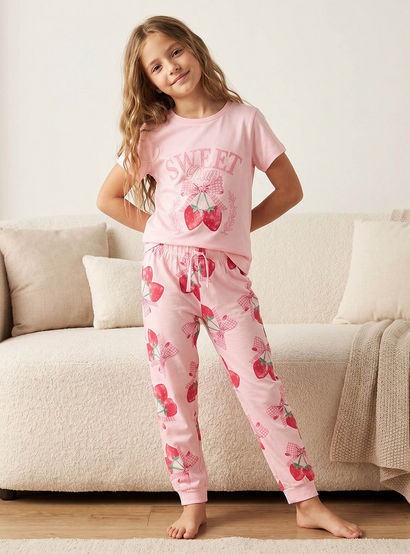 Juniors Cotton Crew Neck Short Sleeves Pyjama Set with Strawberry Print-girls-clothing-nightwear-image-7