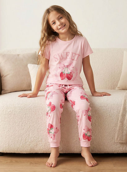 Juniors Cotton Crew Neck Short Sleeves Pyjama Set with Strawberry Print-girls-clothing-nightwear-image-8