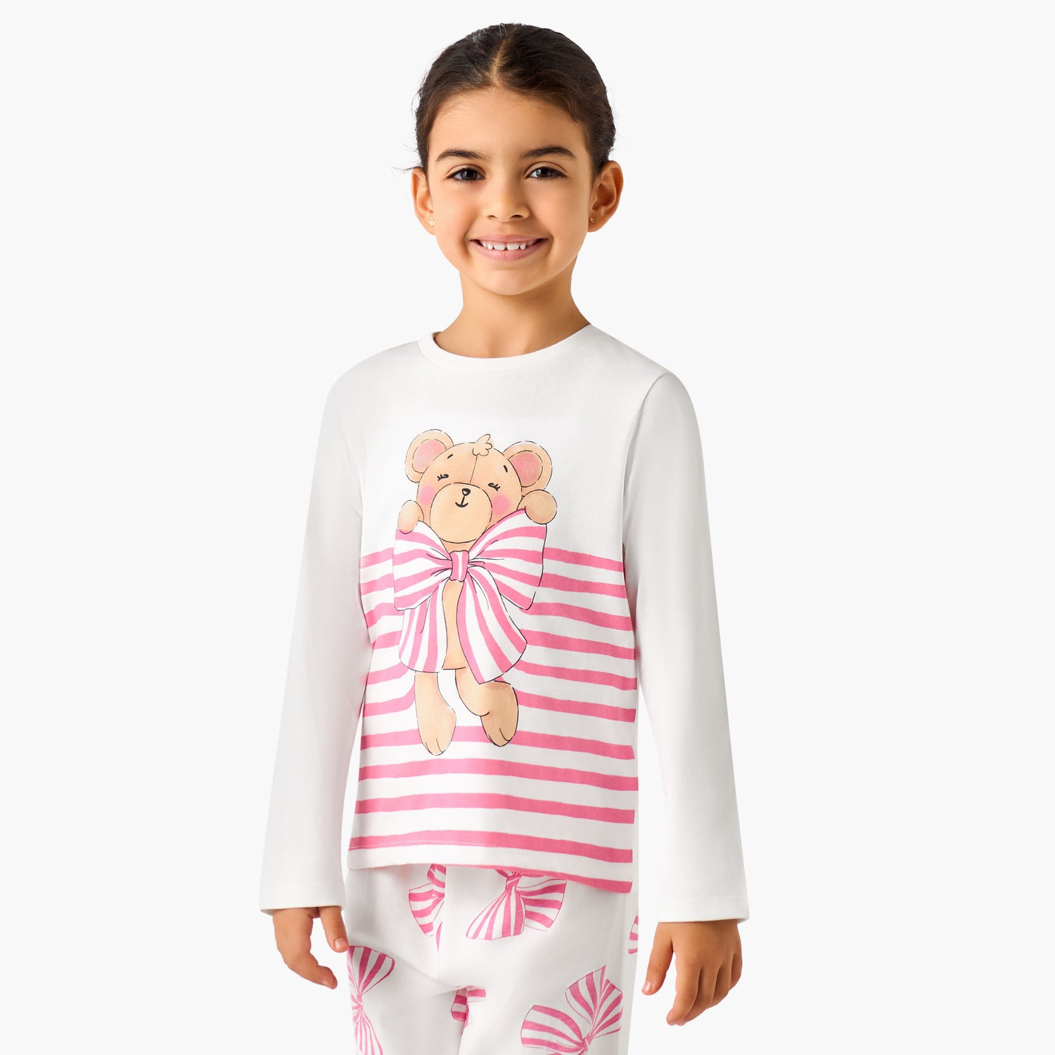Juniors Cotton Crew Neck Long Sleeves Pyjama Set with Bear Print