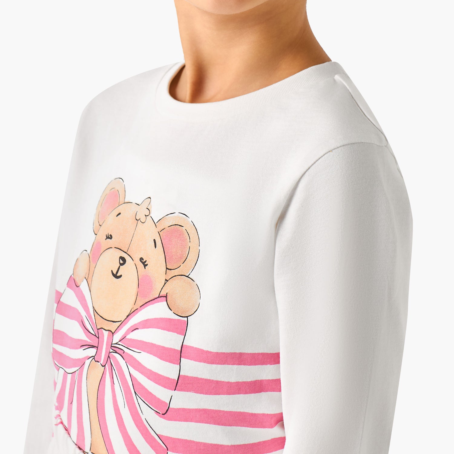 Juniors Cotton Crew Neck Long Sleeves Pyjama Set with Bear Print