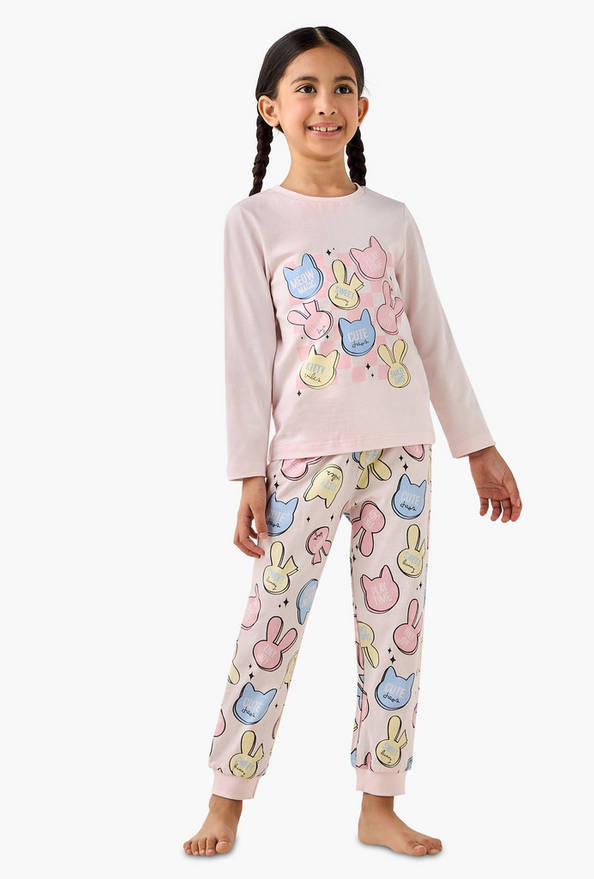 Juniors Cotton Crew Neck Long Sleeves Pyjama Set with Graphic Print