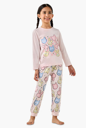 Juniors Cotton Crew Neck Long Sleeves Pyjama Set with Graphic Print