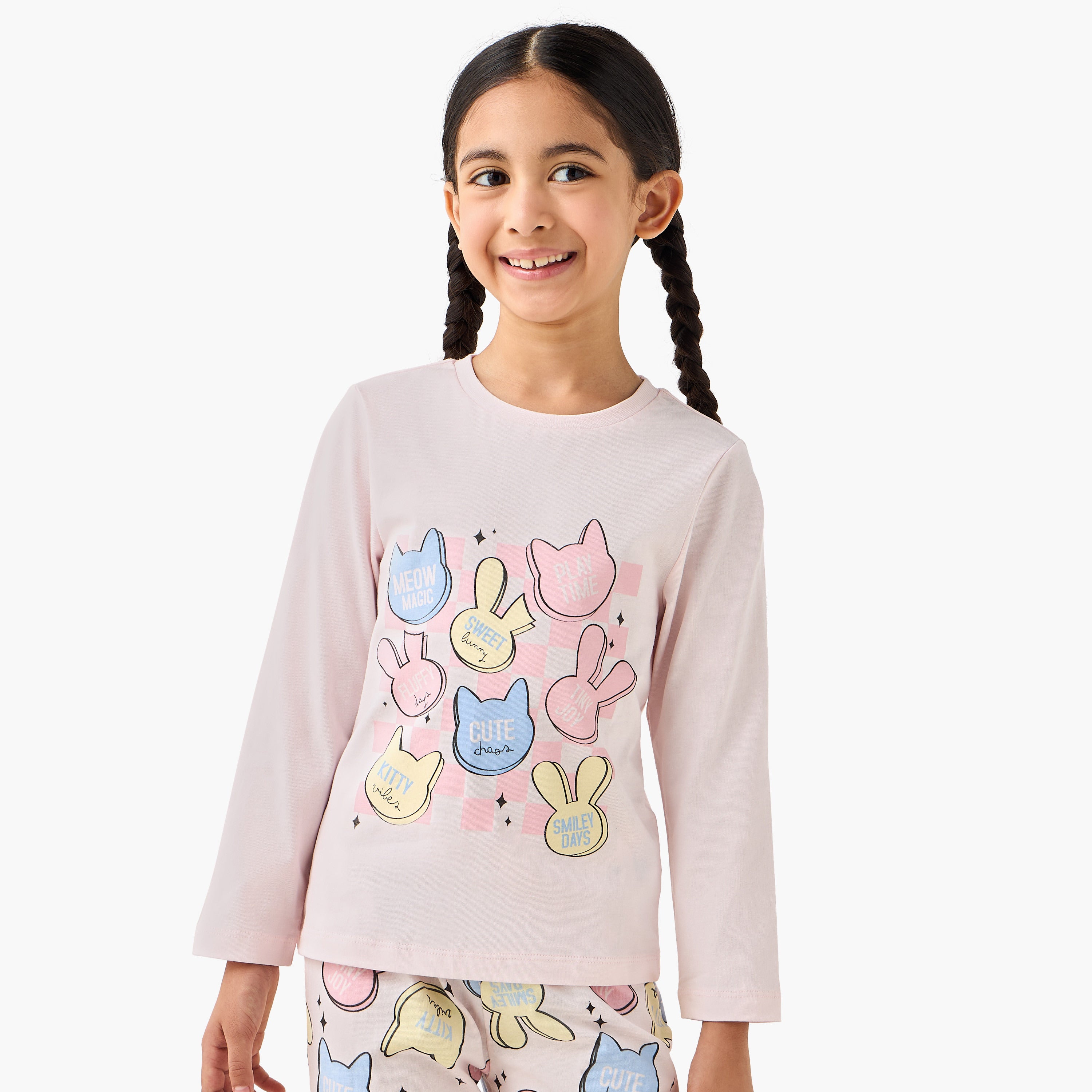 Juniors Cotton Crew Neck Long Sleeves Pyjama Set with Graphic Print