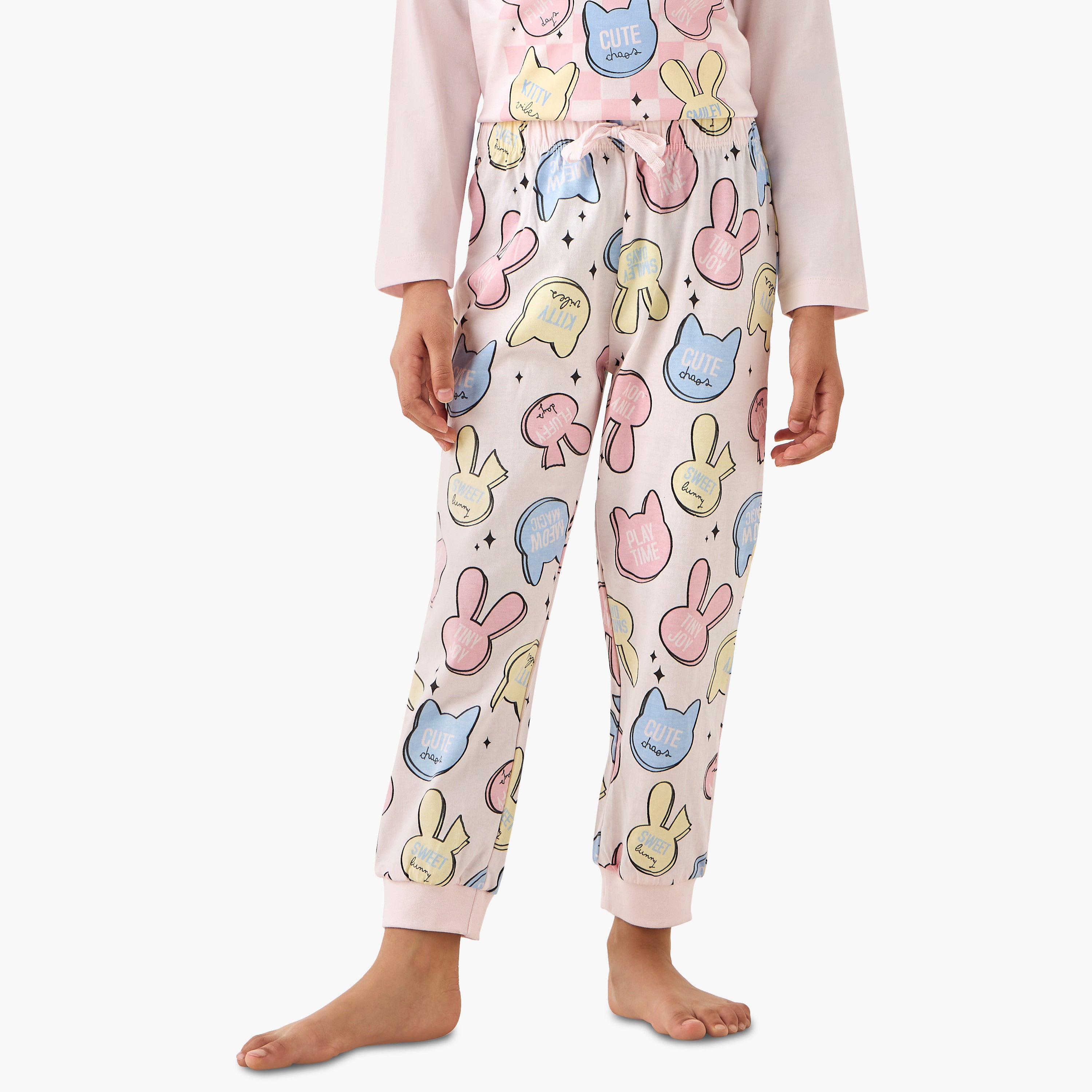 Juniors Cotton Crew Neck Long Sleeves Pyjama Set with Graphic Print