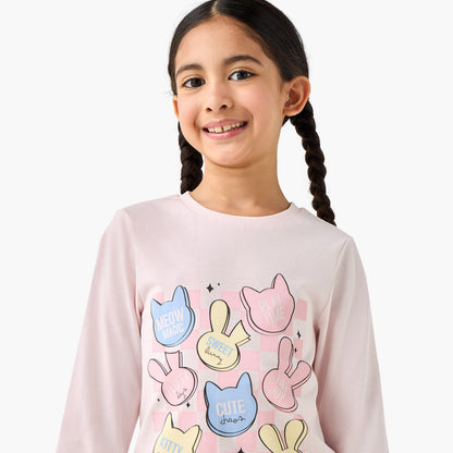 Juniors Cotton Crew Neck Long Sleeves Pyjama Set with Graphic Print