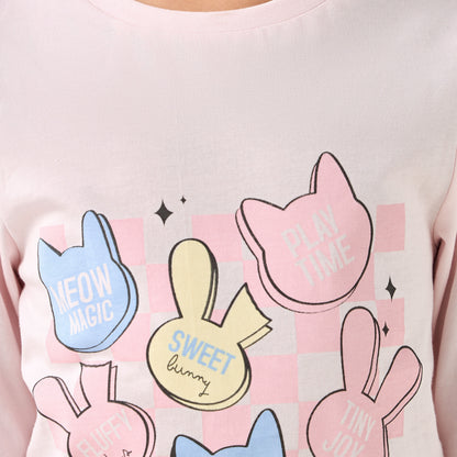 Juniors Cotton Crew Neck Long Sleeves Pyjama Set with Graphic Print