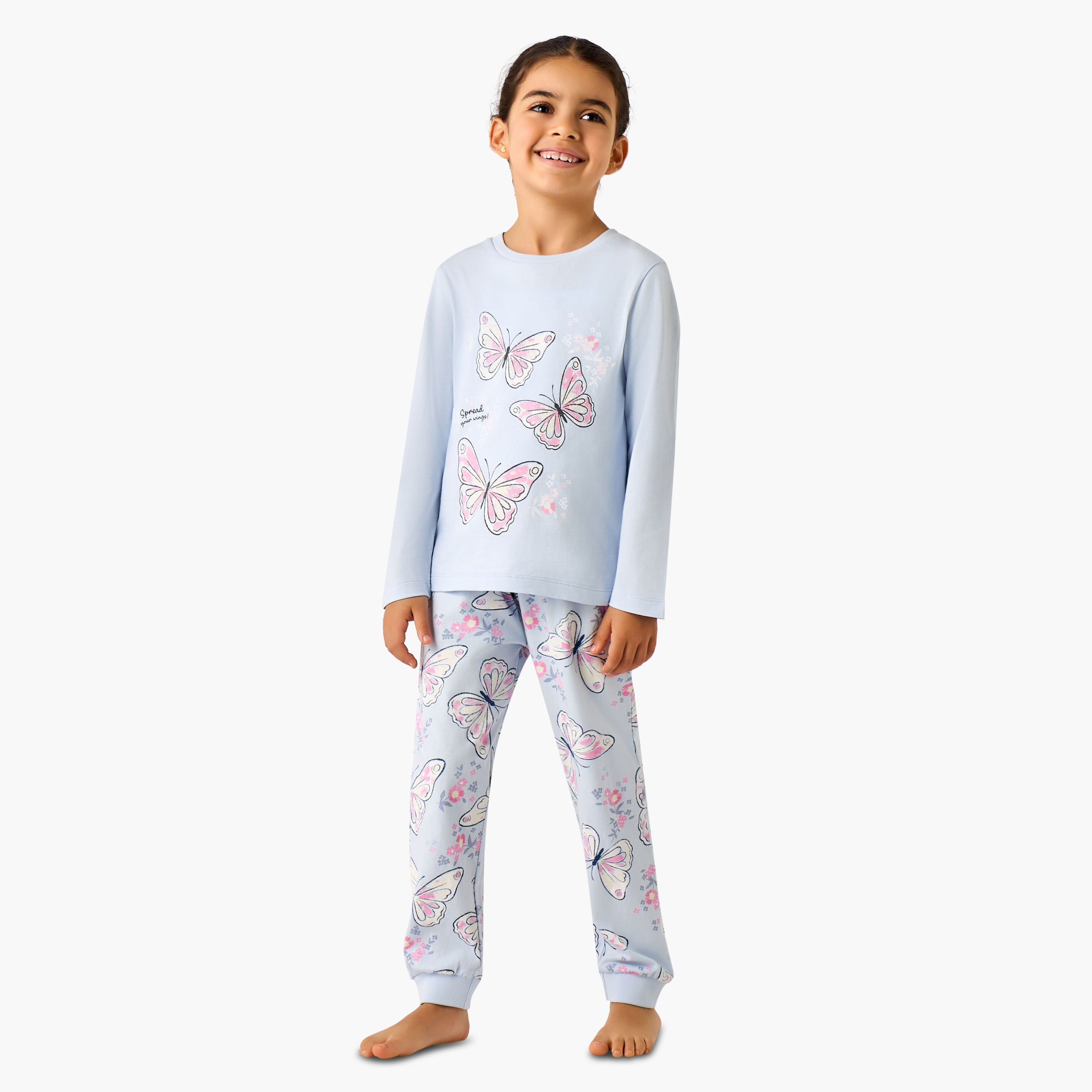 Juniors Cotton Crew Neck Long Sleeves Pyjama Set with Butterfly Print - Blue / 2-3 yrs