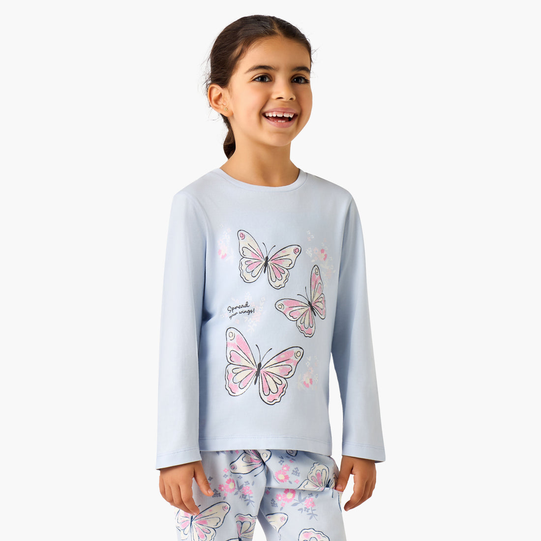 Juniors Cotton Crew Neck Long Sleeves Pyjama Set with Butterfly Print