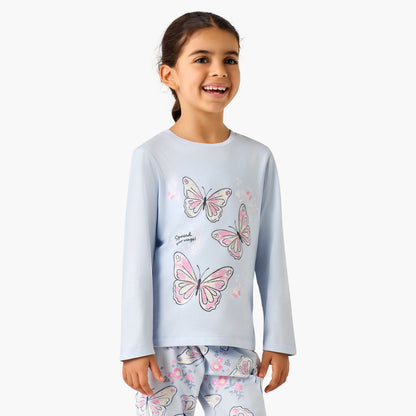 Juniors Cotton Crew Neck Long Sleeves Pyjama Set with Butterfly Print