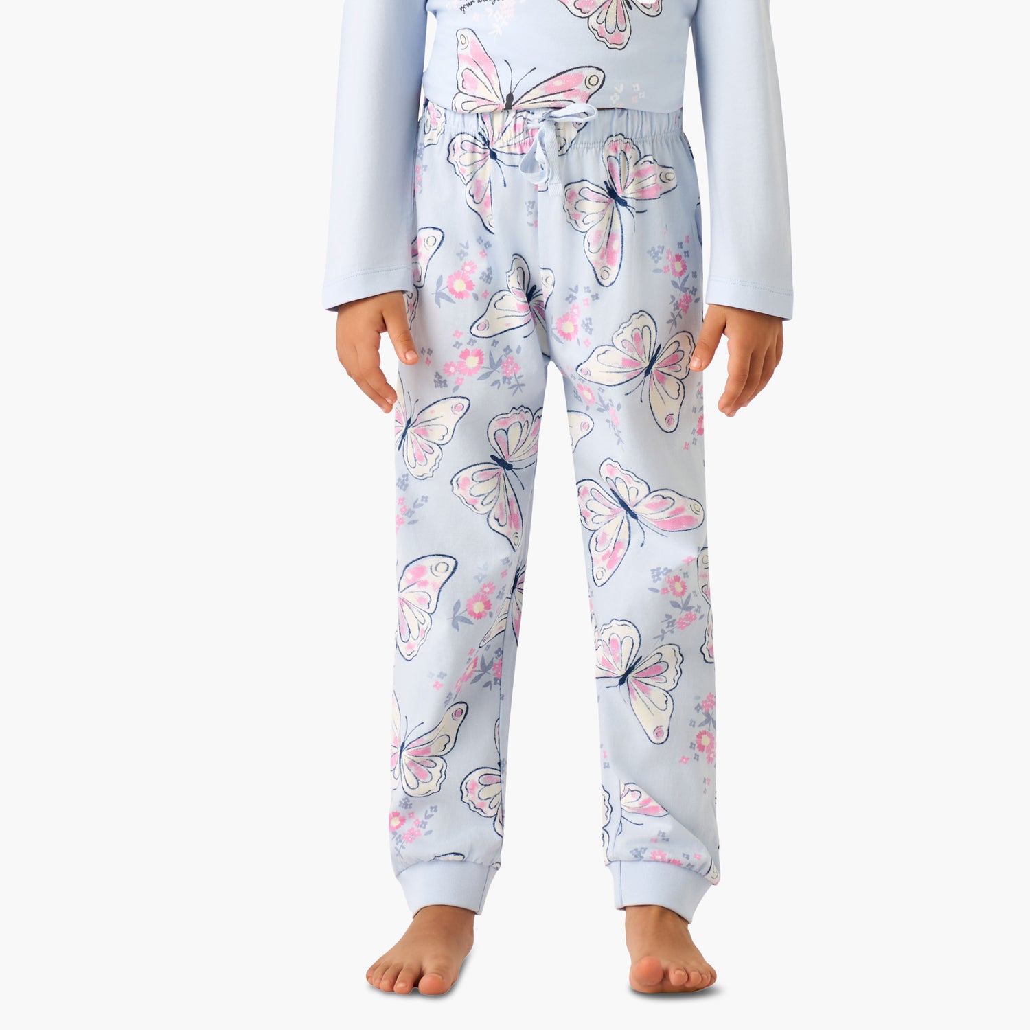 Juniors Cotton Crew Neck Long Sleeves Pyjama Set with Butterfly Print