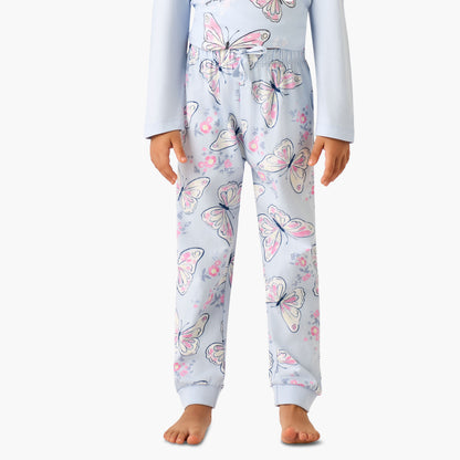 Juniors Cotton Crew Neck Long Sleeves Pyjama Set with Butterfly Print