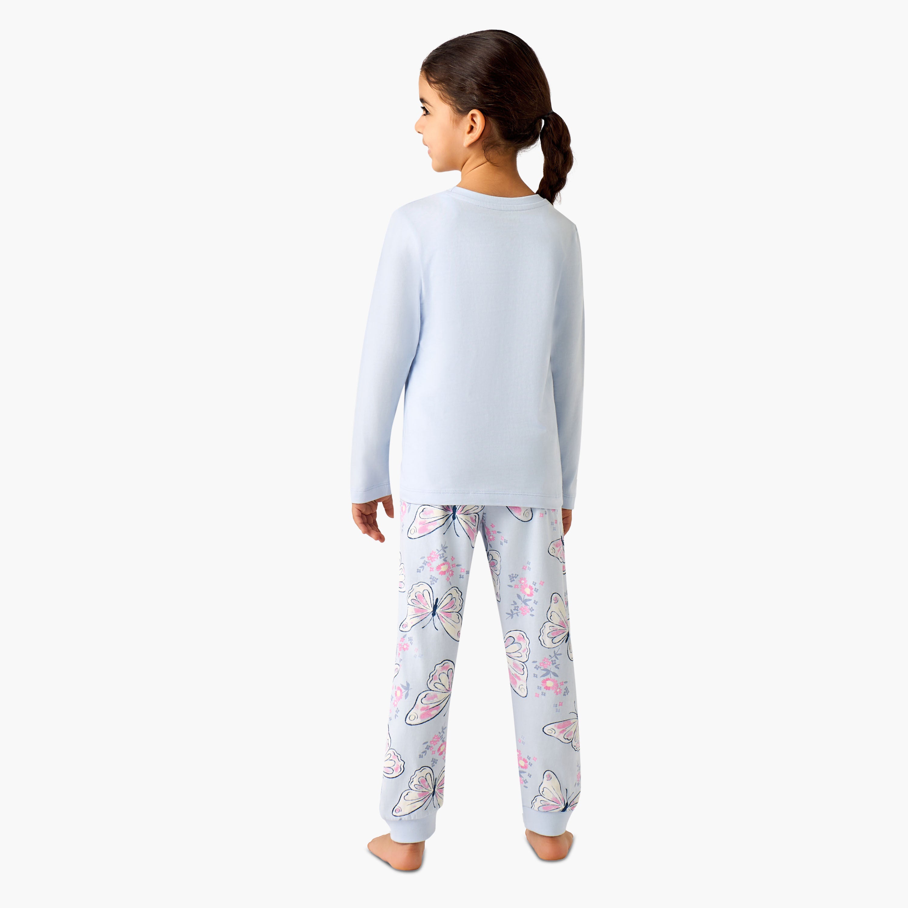 Juniors Cotton Crew Neck Long Sleeves Pyjama Set with Butterfly Print