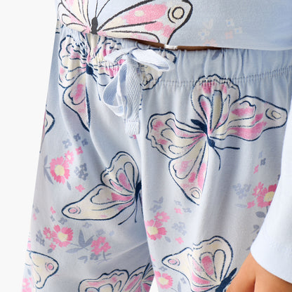 Juniors Cotton Crew Neck Long Sleeves Pyjama Set with Butterfly Print