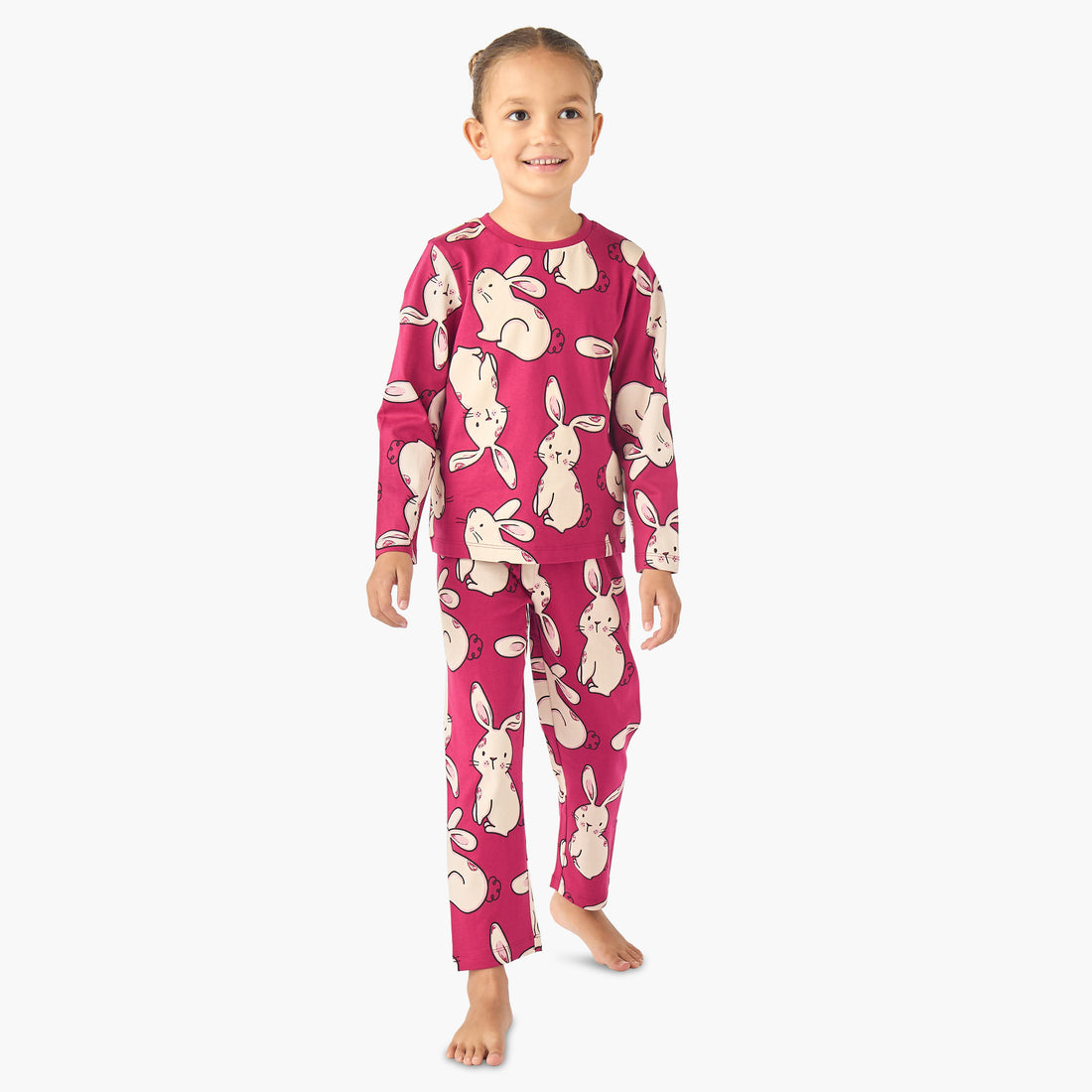 Juniors Cotton Crew Neck Long Sleeves Pyjama Set with Bunny Print - Pink / 2-3 yrs