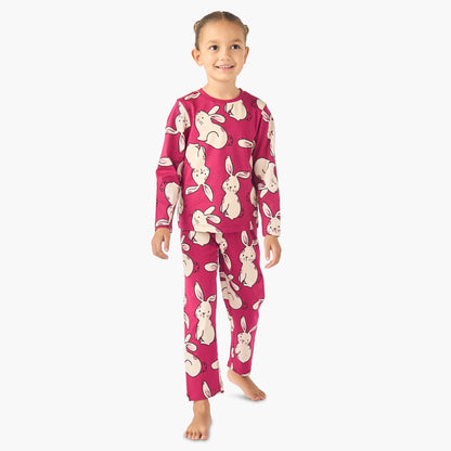 Juniors Cotton Crew Neck Long Sleeves Pyjama Set with Bunny Print - Pink / 2-3 yrs