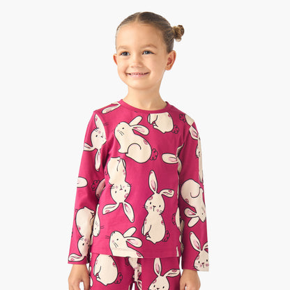 Juniors Cotton Crew Neck Long Sleeves Pyjama Set with Bunny Print