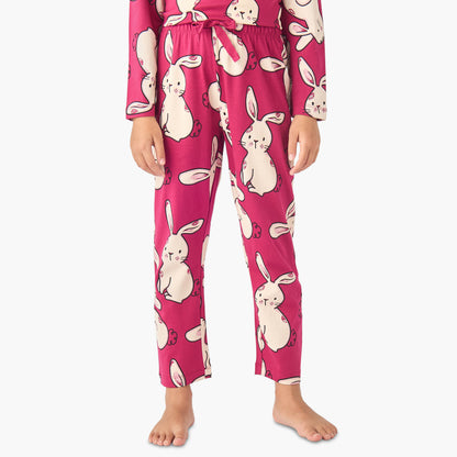 Juniors Cotton Crew Neck Long Sleeves Pyjama Set with Bunny Print