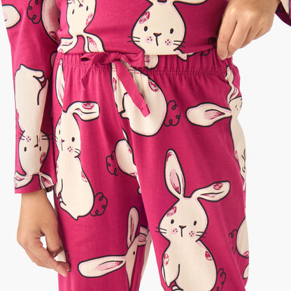 Juniors Cotton Crew Neck Long Sleeves Pyjama Set with Bunny Print