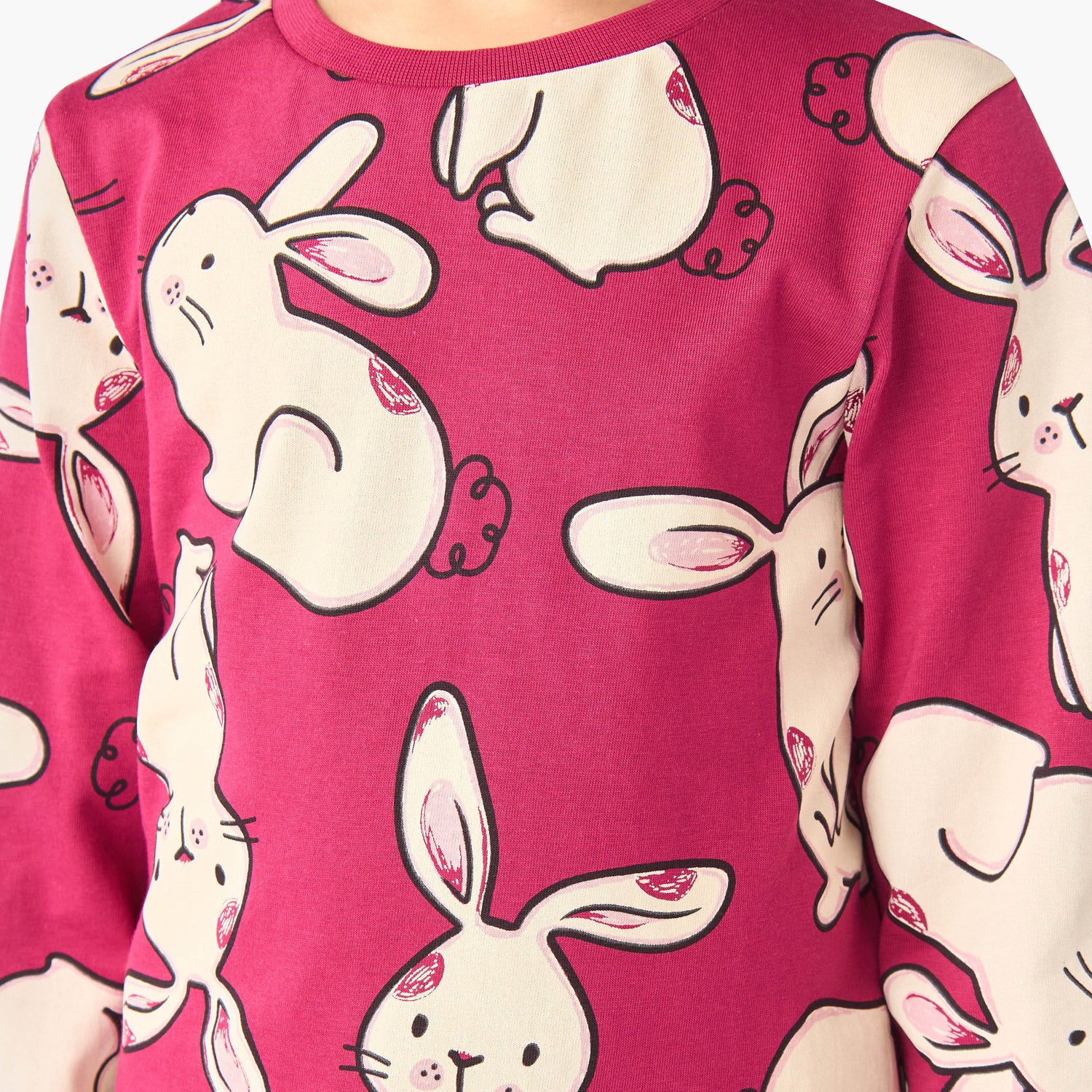 Juniors Cotton Crew Neck Long Sleeves Pyjama Set with Bunny Print