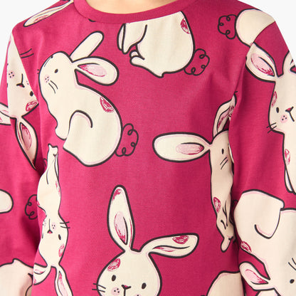 Juniors Cotton Crew Neck Long Sleeves Pyjama Set with Bunny Print