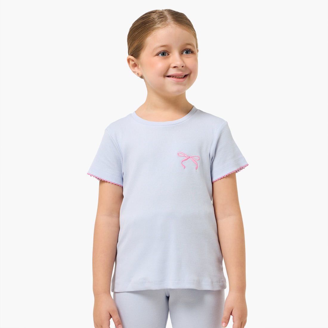 Juniors Cotton Round Neck Short Sleeves Pyjama Set with Bow Embroidery