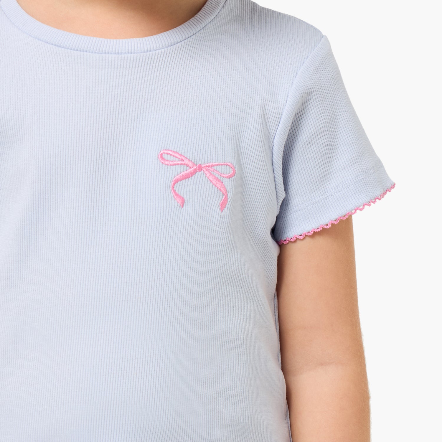 Juniors Cotton Round Neck Short Sleeves Pyjama Set with Bow Embroidery