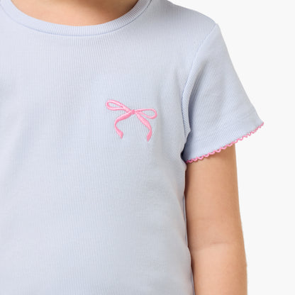 Juniors Cotton Round Neck Short Sleeves Pyjama Set with Bow Embroidery