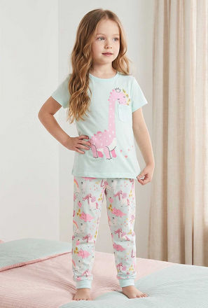 Juniors Cotton Crew Neck Short Sleeves Pyjama Set with Dinosaur Print