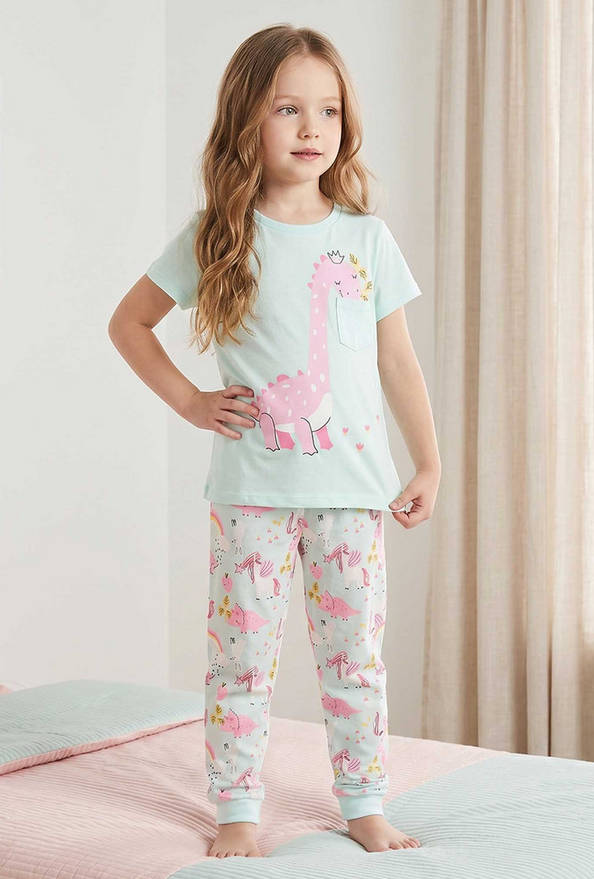 Juniors Cotton Crew Neck Short Sleeves Pyjama Set with Dinosaur Print