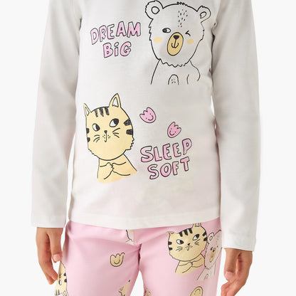 Juniors Cotton Long Sleeves Pyjama Set with Graphic Print