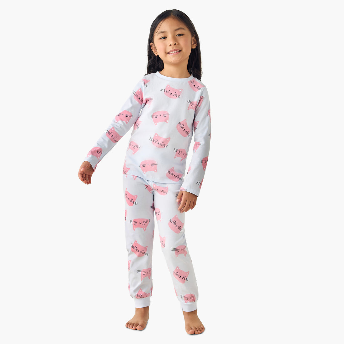 Juniors Cotton Crew Neck Long Sleeves Pyjama Set with Cat Print - Purple / 7-8 yrs
