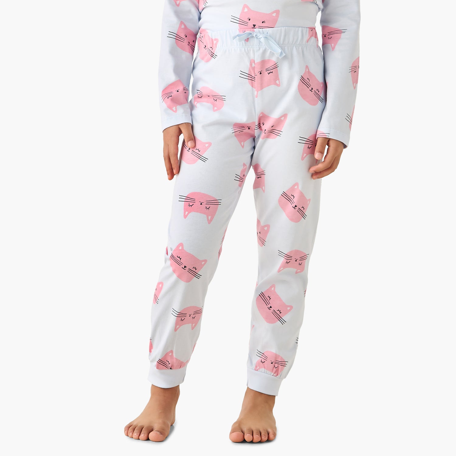 Juniors Cotton Crew Neck Long Sleeves Pyjama Set with Cat Print