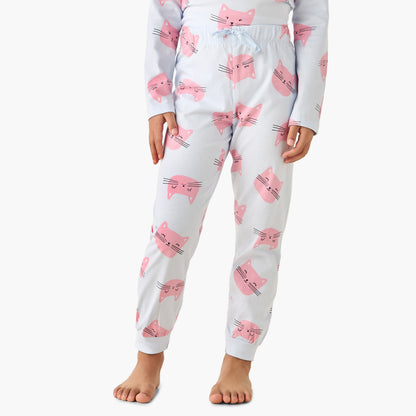 Juniors Cotton Crew Neck Long Sleeves Pyjama Set with Cat Print