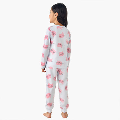 Juniors Cotton Crew Neck Long Sleeves Pyjama Set with Cat Print